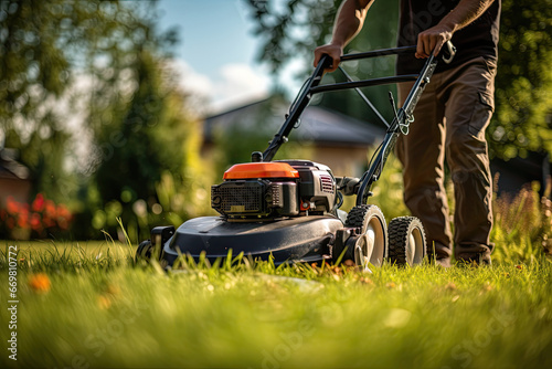 Man mowing the lawn with a lawn mower in the garden. Gardening concep photo