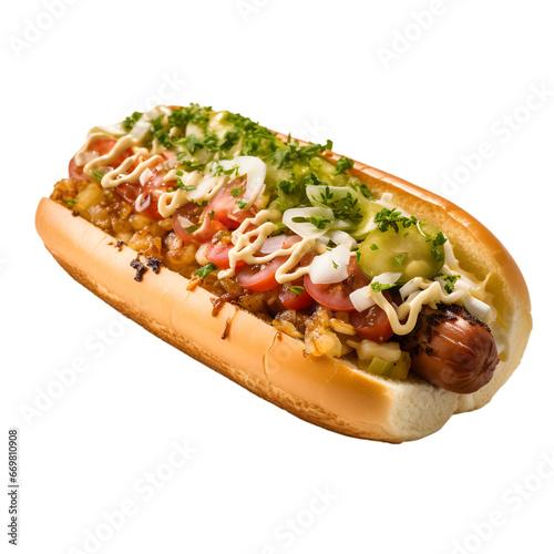 New York style hot dog with sauteed onions, isolated on transparent background