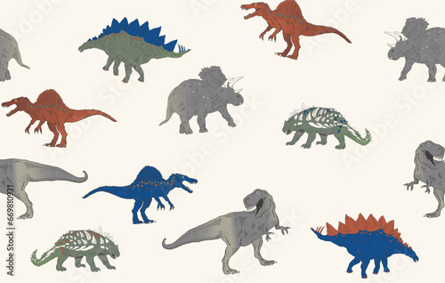 Fototapeta Naklejka Na Ścianę i Meble -  Dinosaurs Cute Kids Pattern on crime background 