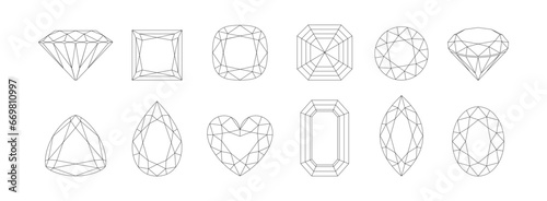 Gemstone outline icon set. Diamonds of different shapes isolated on white. Vector line crystal collection.