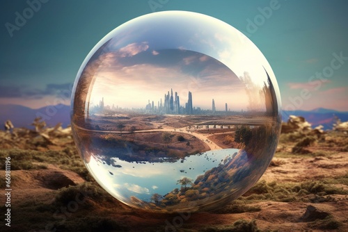 Futuristic landscape in sphere. Generative AI © Ava
