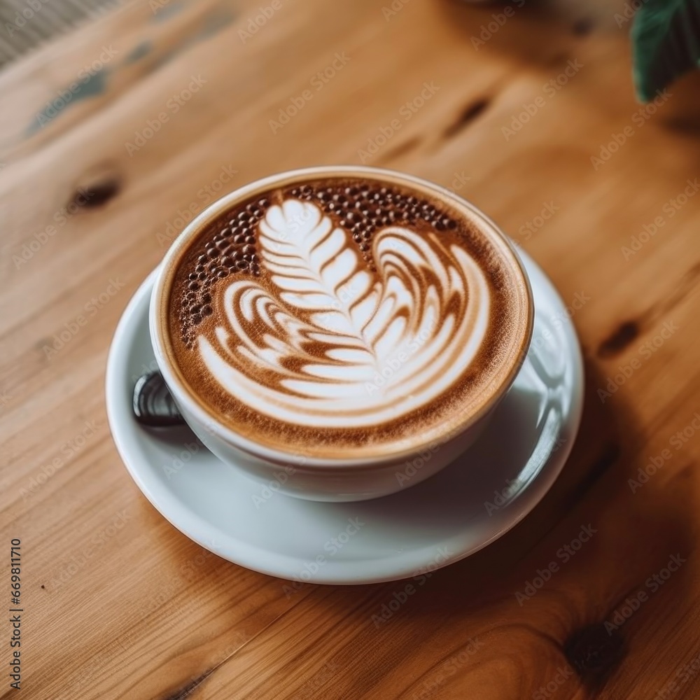 White coffee cup with heart shape latte art on wood tab. Generative AI. White coffee cup with heart shape latte art on wood tab. Generative AI.