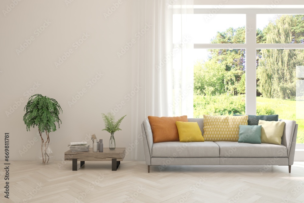 Contemporary classic white interior with furniture and decor and summer landscape in window. Scandinavian interior design. 3D illustration Contemporary classic white interior with furniture and decor and summer landscape in window. Scandinavian interior design. 3D illustration