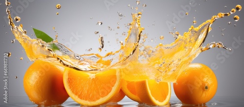 Orange juice being thrown from a glass set against a grey backdrop