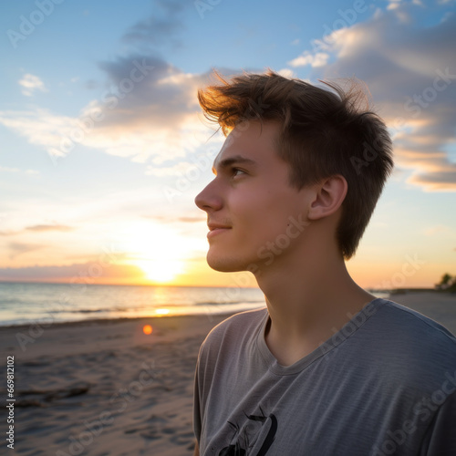 young man on the beach at sunset 