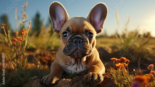 Cute beautiful domestic dog French bulldog lies resting on the grass on a walk outside