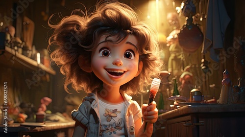 Little joyful child smiling, cartoon girl sorceress playing with a magic wand