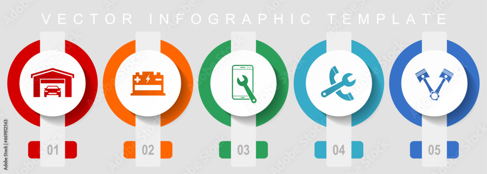Workshop flat design icon set, miscellaneous icons such as pistons, battery, service and tools, vector infographic template, web buttons collection Workshop flat design icon set, miscellaneous icons such as pistons, battery, service and tools, vector infographic template, web buttons collection