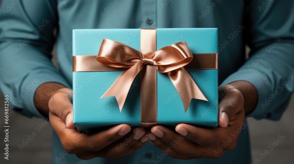 A beautiful holiday gift in a box with a bow and ribbon in a man’s hands, a gift for Christmas, New Year’s, birthday, Valentine’s day A beautiful holiday gift in a box with a bow and ribbon in a man’s hands, a gift for Christmas, New Year’s, birthday, Valentine’s day