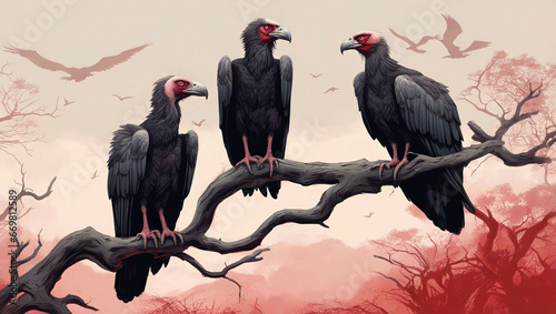 Three vultures sitting on a tree branch. photo