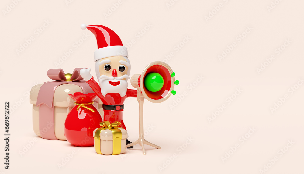 Obraz premium Santa claus holds megaphone or hand speaker with gift bag, gift box. announce promotion news, merry christmas and festive New Year, 3d render illustration
