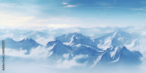 Aerial view of snowy mountain tops with clouds Majestic Aerial View of Snowcapped Mountains Piercing the Clouds on a Crisp Winter Day generative AI