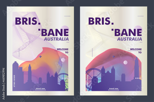 Australia Brisbane city poster pack with abstract skyline, cityscape, landmark and attraction. Travel vector illustration layout set for vertical brochure, website, flyer, presentation © Anastasiia