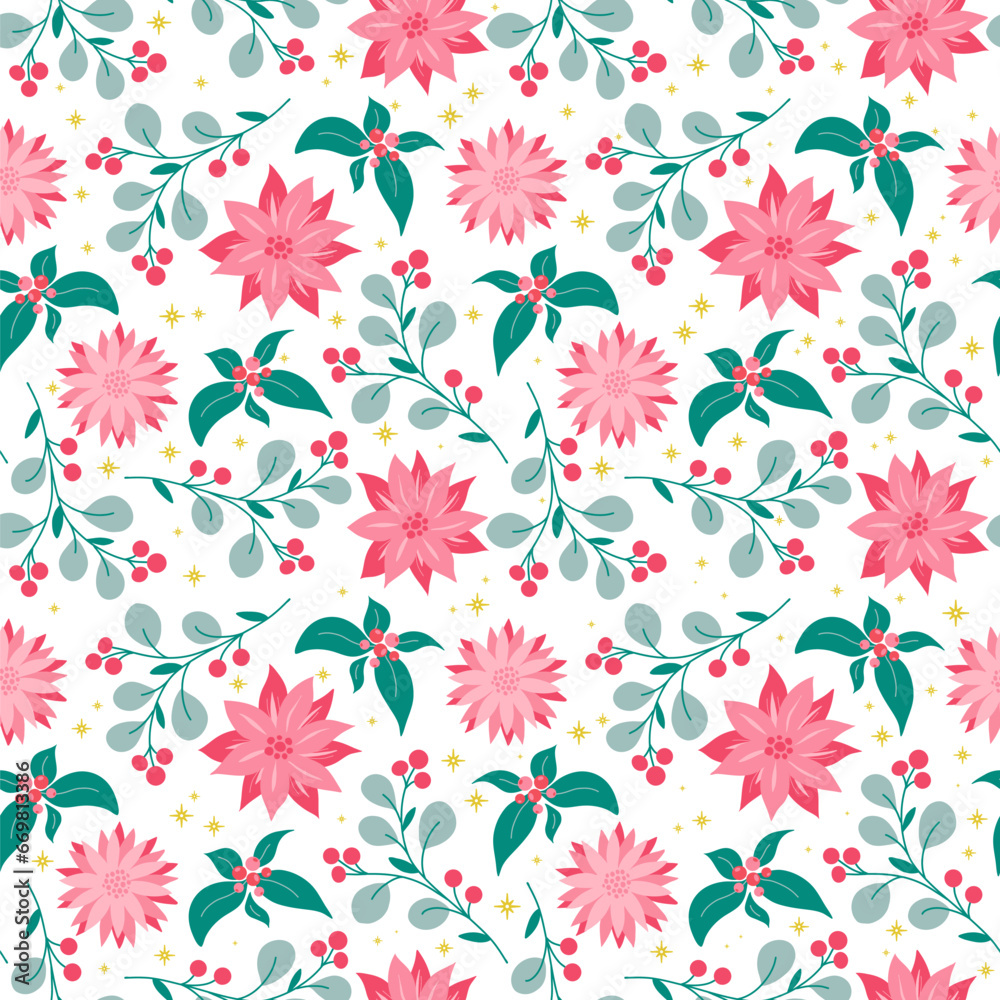Christmas folk art ornament. Vector seamless pattern with branches tree and flowers. Fabric textile print Christmas folk art ornament. Vector seamless pattern with branches tree and flowers. Fabric textile print