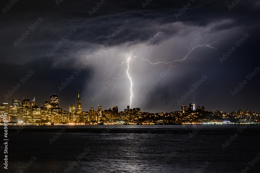 Lightning Storm over San Francisco Skyline at Night 