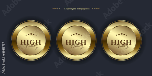 THREE Luxury circles premium and Golden label button isolated on black background. Realistic vector illustration of golden, metal luxury ui concepts of buttons