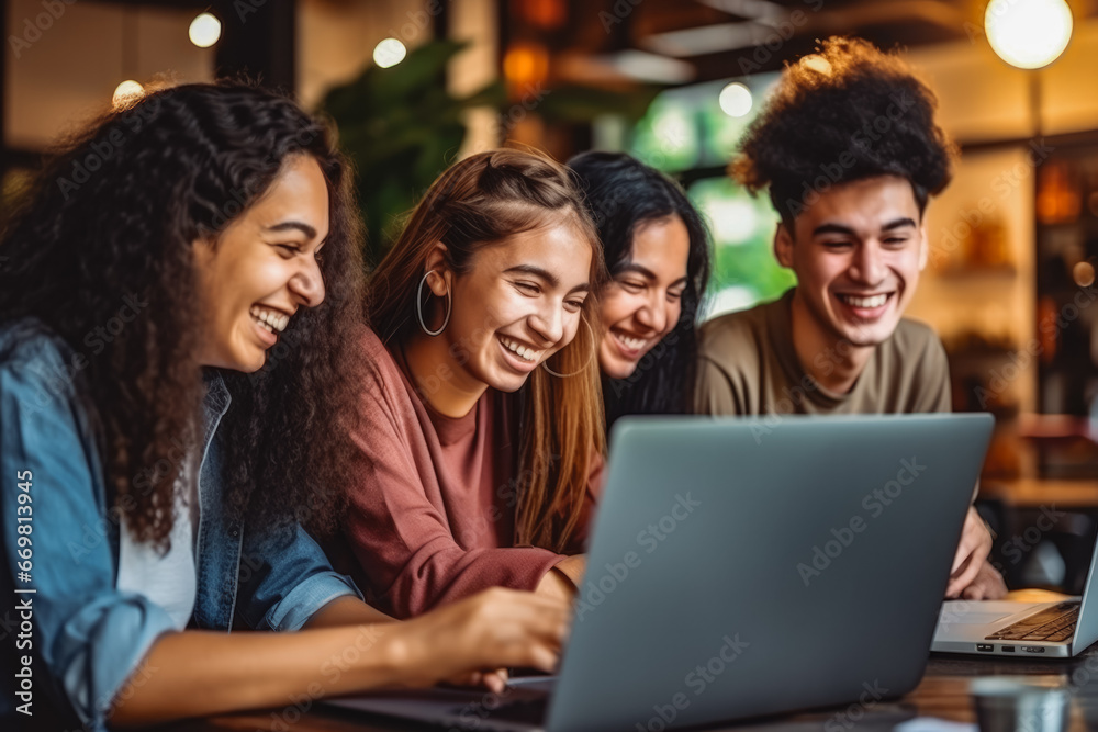 Close up of mix ethnic young student learning together on laptop and preparing for a competition, team work on assignment Close up of mix ethnic young student learning together on laptop and preparing for a competition, team work on assignment