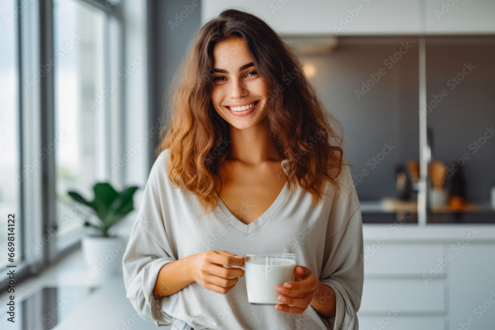 Beautiful young adult woman eating natural yogurt while standing by the window and smiling, healthy lifestyle representation Beautiful young adult woman eating natural yogurt while standing by the window and smiling, healthy lifestyle representation
