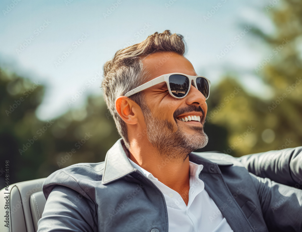 Successful mid adult businessman driving cabriolet car on a sunny day, handsome gentleman driving around countryside Successful mid adult businessman driving cabriolet car on a sunny day, handsome gentleman driving around countryside