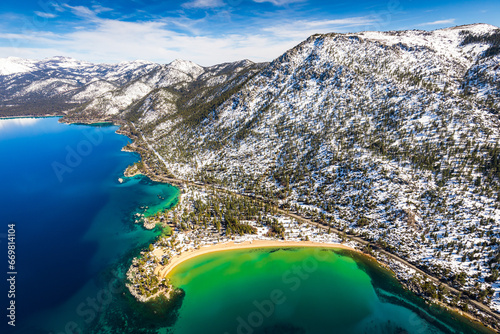 Lake Tahoe / Sand Harbor Beach Covered in Snow - View From Helicopter