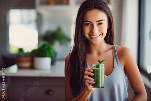 Attractive young woman drinking her detox juice after workout, beautiful athletic female drinking green juice at home