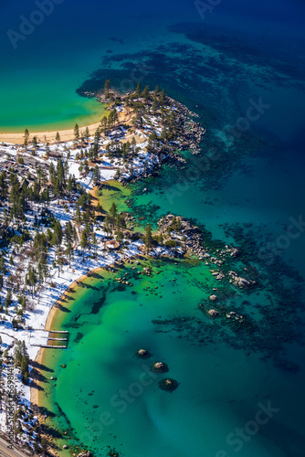 Lake Tahoe / Sand Harbor Beach Covered in Snow - View From Helicopter