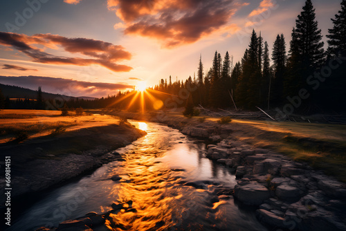sunset view in yosemite national park - river with trees in the background and cloudy sky in the afternoon © wahyu
