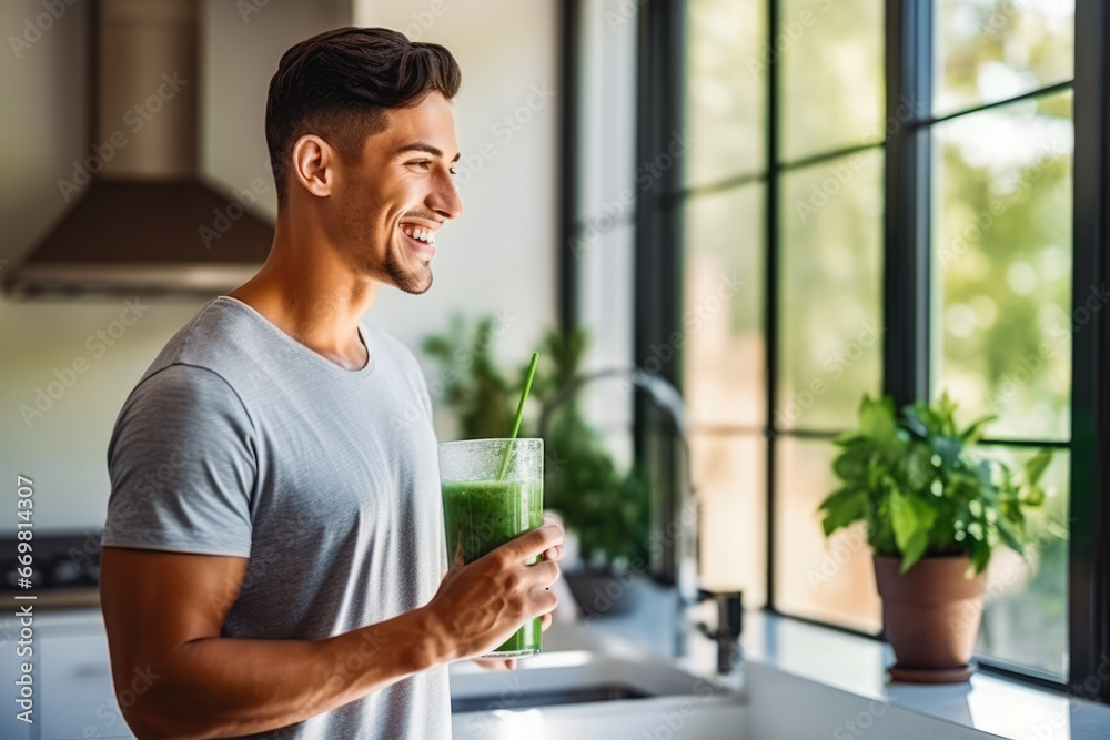 Handsome athletic hispanic man drinking his detox juice after workout, sporty male drinking green juice at home while showing his muscles - obrazy, fototapety, plakaty 