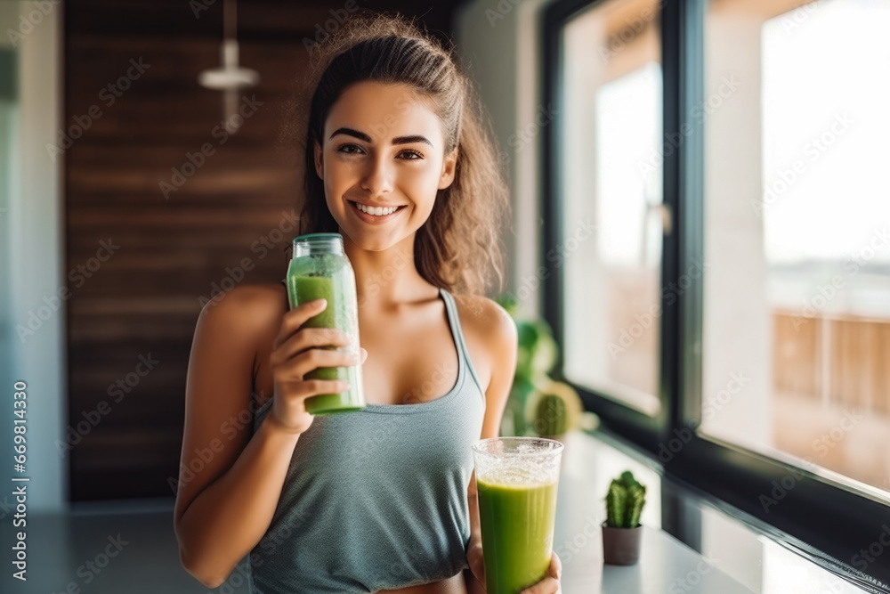 Attractive young latina woman drinking her detox juice after workout, beautiful athletic female drinking green juice at home - obrazy, fototapety, plakaty 