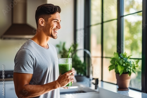 Handsome athletic hispanic man drinking his detox juice after workout, sporty male drinking green juice at home while showing his muscles photo