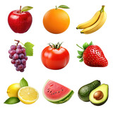 realistic fruit set. set of clipart fruits. apple, orange, banana, grape, tomato, strawberry, lemon, watermelon, avocado.