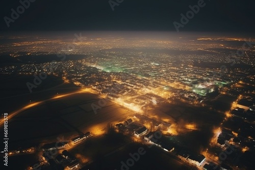 View of night landscape from the sky. Generative AI