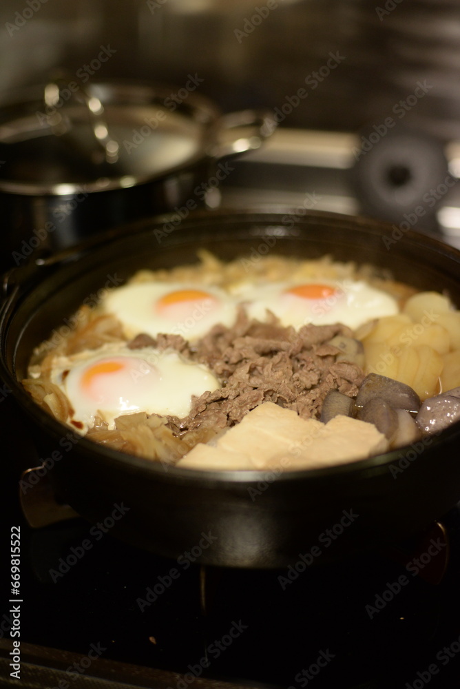 Sukiyaki modoki is thin beef slices mixed with different vegetables. Sukiyaki modoki is thin beef slices mixed with different vegetables.