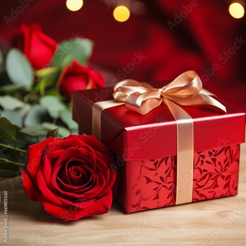 A red gift box with roses on it