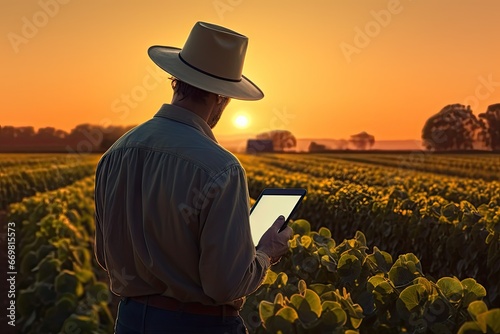 Field technology. Farmer using tablet to examine crops in sunset. Rural innovation. Agricultural worker using digital tools in countryside