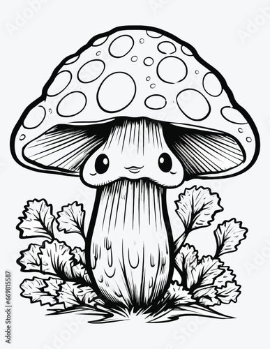 Adorable creepy kawaii mushroom coloring page for kids with vintage, Cute mushroom in a clearing among the flowers with vector illustration for coloring book.
