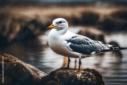 seagull on the stone of lake