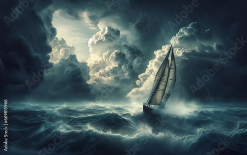 Sailboat on high waves In the scary sea Sea waves in a violent storm Ship in the ocean photo