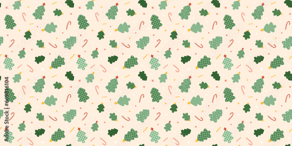 Christmas trees background in retro style with checkered patterns inside, dots, tinsel and candy cane. Groovy New Year seamless pattern with patch spruce. Vector vintage illustration.