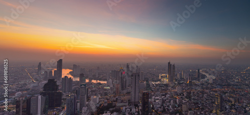 Concept of Pollution PM2.5 Unhealthy air pollution dust. Toxic haze in the city. Photos in the capital on a skyscraper.