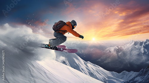 Skiers show graceful stunts of cool sliding postures on downhill snow mountain Skiing Showmanship background generative ai
 photo