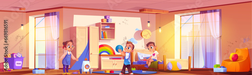 Naughty children playing in messy room. Vector cartoon illustration of untidy bedroom with toys scattered on floor, stains and paint on wall, boys and girl in urban apartment, cityscape view in window