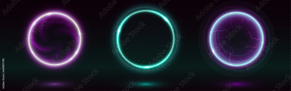 Obraz premium Magic light circle portal with blue neon glow effect. Abstract 3d circular energy swirl. Round speed frame with flare and spiral lightning. Fantasy electric power orb time teleport to multiverse.