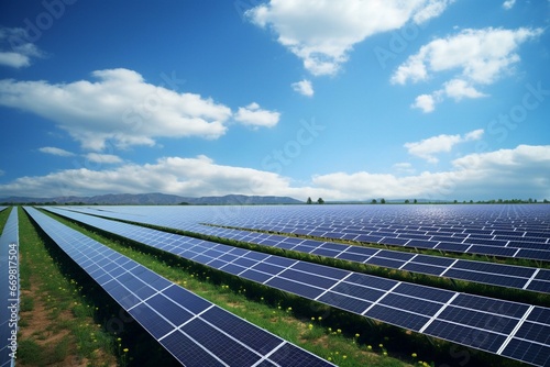 An environmentally friendly solar energy facility with multiple solar cell panels. Generative AI