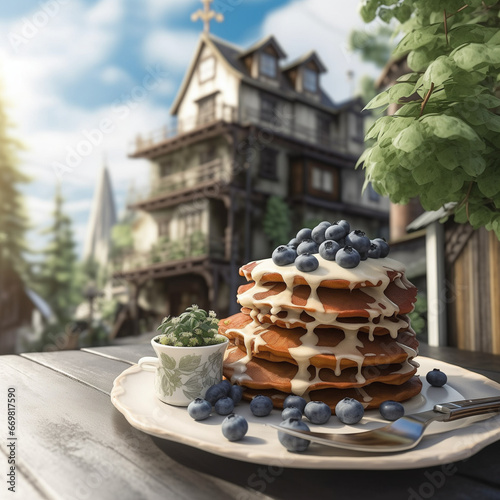 Blueberry pancakes with melted butter are perfect for breakfast photo