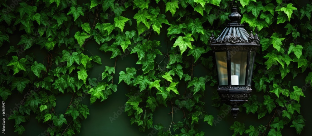 Antiquated wall lantern adorned by foliage Antiquated wall lantern adorned by foliage