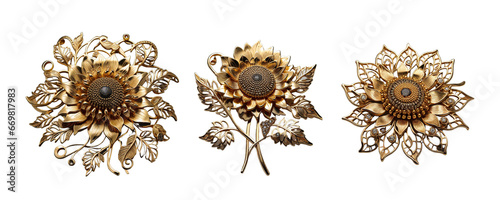 3 Old fashioned sunflower brooch made of gold with intricate design set against a transparent background