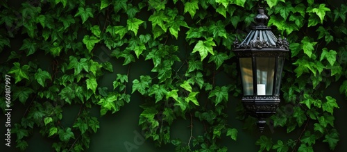 Antiquated wall lantern adorned by foliage
