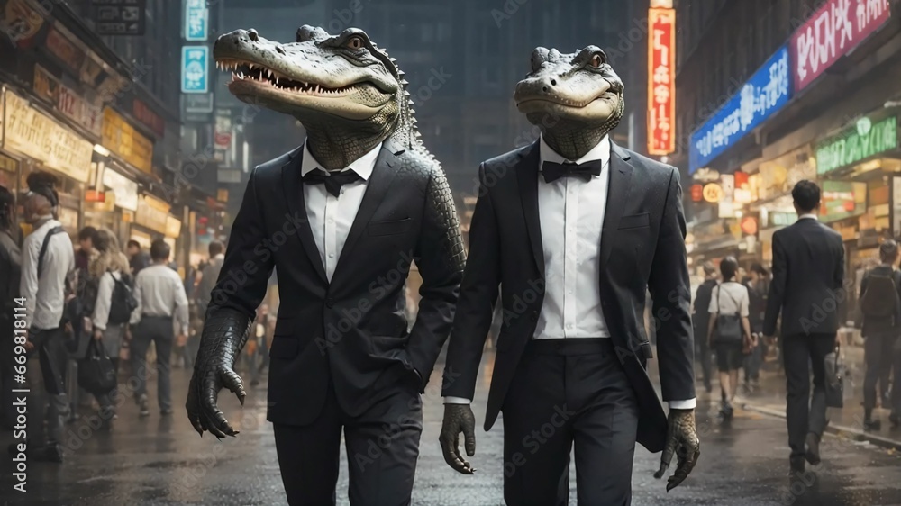two alligator in suits walking down a street - obrazy, fototapety, plakaty 