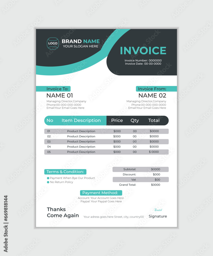 Futuristic and clean business menu invoice design. Modern creative and elegant with modern unique shape vector illustration formal print invoice design.
